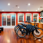 An image showcasing a vibrant bike shop with rows of sleek electric bikes on display, nestled in a picturesque neighborhood in zip code 16145
