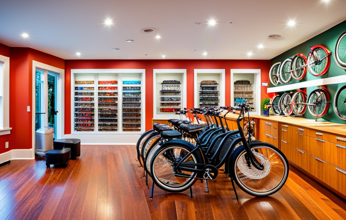 An image showcasing a vibrant bike shop with rows of sleek electric bikes on display, nestled in a picturesque neighborhood in zip code 16145