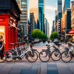 An image that showcases a bustling city street, with a vibrant display of diverse electric folding bikes neatly lined up in front of a specialty bike shop, enticingly showcasing their sleek frames and innovative features