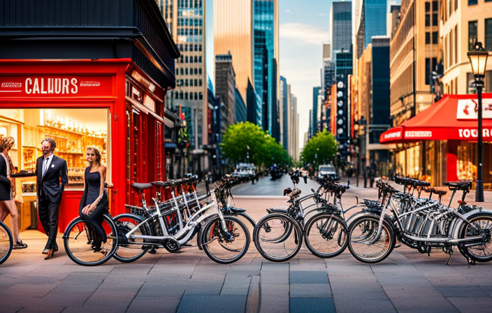 An image that showcases a bustling city street, with a vibrant display of diverse electric folding bikes neatly lined up in front of a specialty bike shop, enticingly showcasing their sleek frames and innovative features