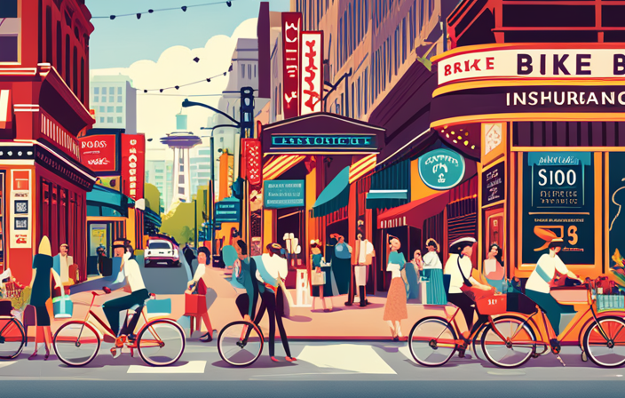An image showcasing a bustling street in Seattle, with a vibrant bike shop prominently displayed