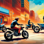 An image showcasing a vibrant, bustling marketplace with a wide array of electric pit bikes on display