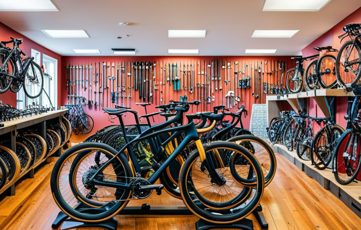 A vibrant and captivating image showcasing a picturesque bike shop, filled with rows of shiny, high-performance Grail Gravel Bikes from 2019, enticing readers to explore the blog post for the ultimate buying guide