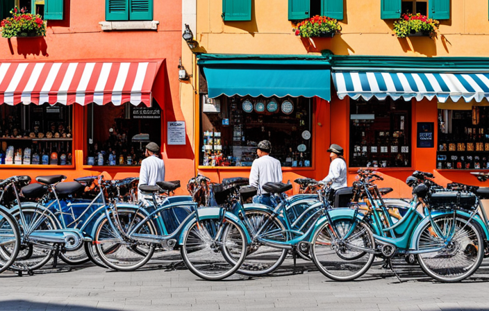 An image showcasing a bustling marketplace, brimming with rows of colorful electric bikes