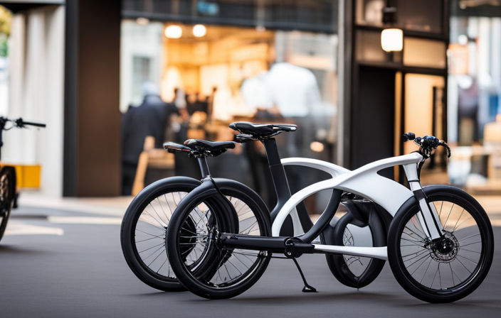 An image showcasing a bustling city street, with a sleek and futuristic Zev T3-1 Micro Electric Bike prominently displayed outside a high-end bike shop, surrounded by other bikes of various styles and prices