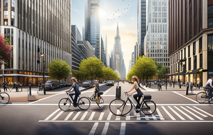 An image showcasing a bustling city street with a designated electric bike charging station, where cyclists effortlessly connect their bikes to sleek charging stations, emphasizing convenience and accessibility