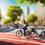 An image showcasing an urban landscape with a bustling city street, featuring a dedicated electric bike charging station equipped with multiple charging ports, conveniently located near a bike lane and surrounded by greenery