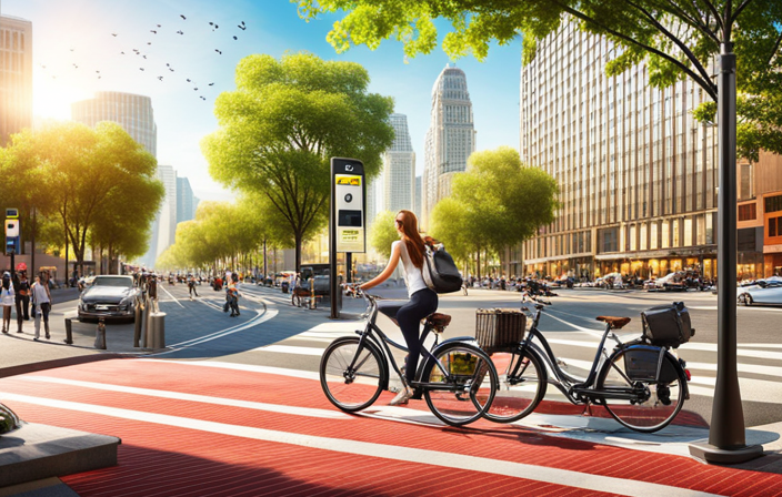 An image showcasing an urban landscape with a bustling city street, featuring a dedicated electric bike charging station equipped with multiple charging ports, conveniently located near a bike lane and surrounded by greenery