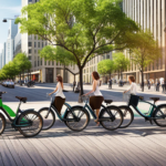 An image that showcases a bustling urban street scene, with a row of sleek charging stations for electric bikes lining the sidewalk