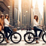 An image that showcases a bustling city street, with a sleek and vibrant Igo electric bike prominently displayed in a trendy bike shop window