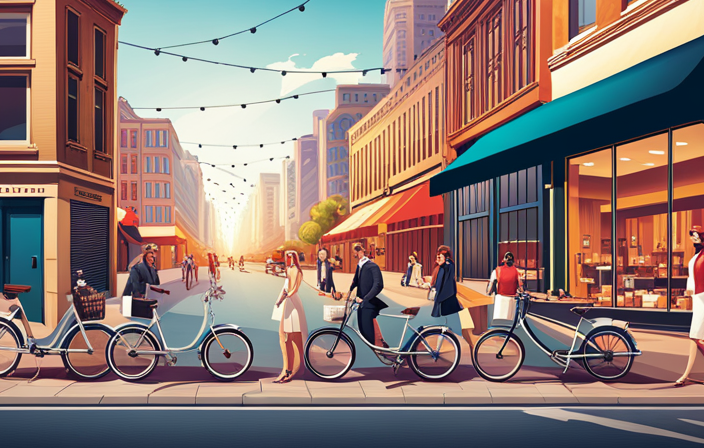 An image showcasing a bustling city street with a row of sleek, modern electric bikes parked in front of a trendy bike shop