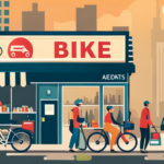 An image showcasing a bustling urban street corner with a vibrant signboard displaying the silhouette of an electric bike, surrounded by specialized repair shops, each adorned with tools and spare parts, offering solutions to fix electric bikes