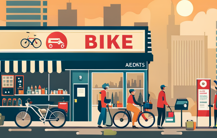 An image showcasing a bustling urban street corner with a vibrant signboard displaying the silhouette of an electric bike, surrounded by specialized repair shops, each adorned with tools and spare parts, offering solutions to fix electric bikes