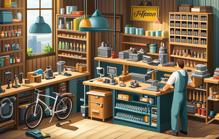 An image that depicts a bustling bike repair shop, with skilled mechanics tinkering on electric bikes, surrounded by shelves filled with various tools, spare parts, and neatly organized charging stations
