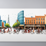 An image showcasing a bustling city street, lined with vibrant stores and bike shops, filled with rows of sleek and shiny electric bikes on display