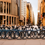 An image of a vibrant city street with a row of sleek, modern bike shops displaying a wide range of electric bikes in various colors and styles, surrounded by enthusiastic cyclists happily test riding them