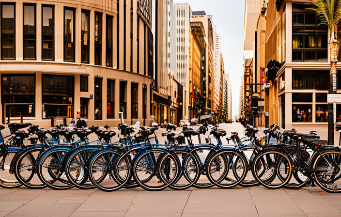 An image of a vibrant city street with a row of sleek, modern bike shops displaying a wide range of electric bikes in various colors and styles, surrounded by enthusiastic cyclists happily test riding them
