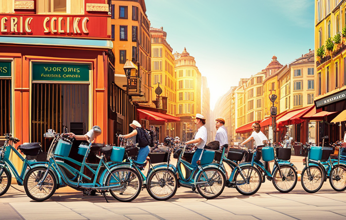 An image showcasing a bustling city street with a row of vibrant electric bikes lined up outside a rental shop