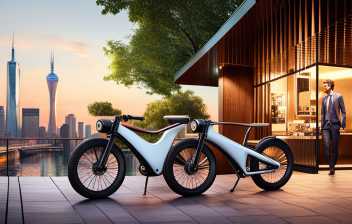 An image showcasing a serene urban landscape at dusk, with a stylish, futuristic X-1 Yun Bike Electric parked outside a trendy cafe