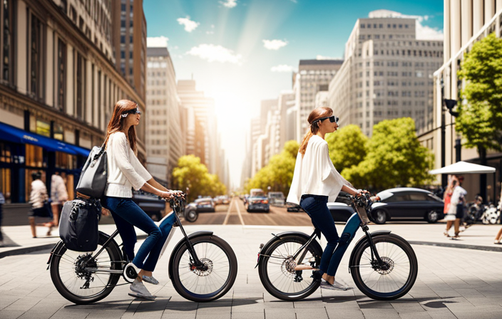 An image showcasing a bustling urban street, with a sleek, stylish Lehe S1 Electric Bike prominently displayed in a modern, well-lit bike shop window, surrounded by other high-quality bikes and accessories