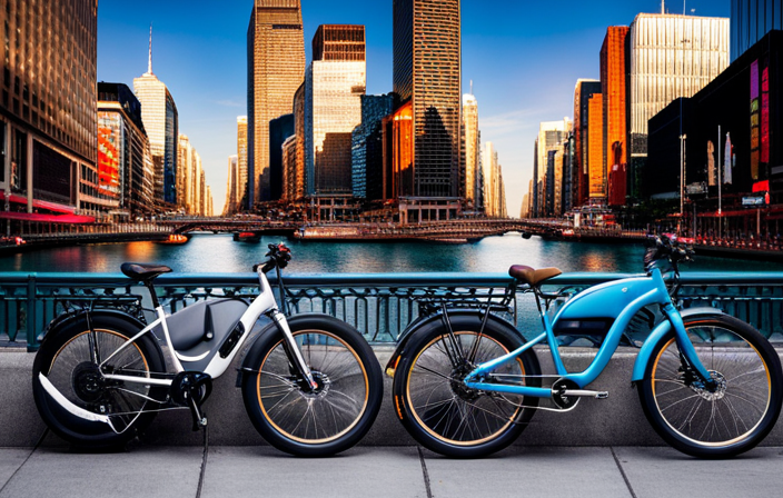 An image showcasing a bustling urban street, with a vibrant bike shop prominently featured