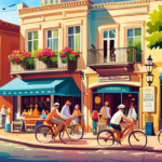 An image showcasing a bustling city street, revealing a vibrant bike rental shop adorned with colorful electric bikes