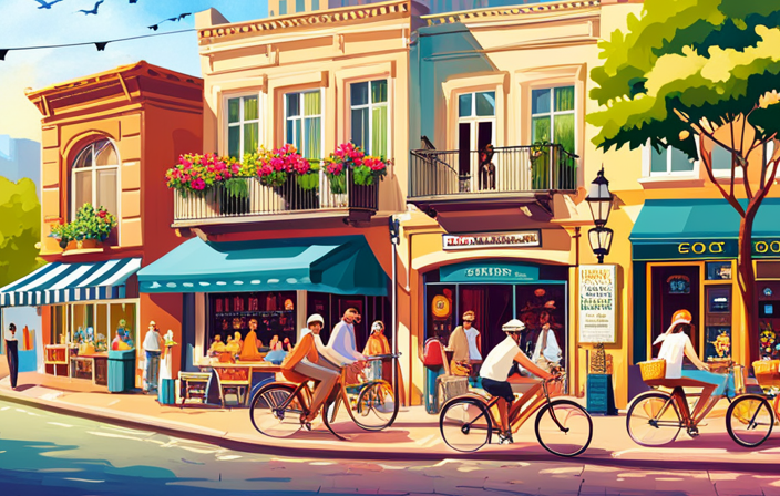 An image showcasing a bustling city street, revealing a vibrant bike rental shop adorned with colorful electric bikes
