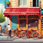 An image showcasing a bustling city street with a vibrant bike rental shop at the forefront