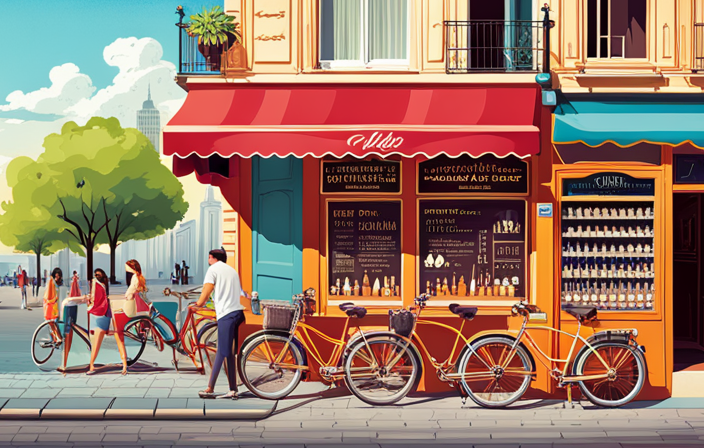 An image showcasing a bustling city street with a vibrant bike rental shop at the forefront