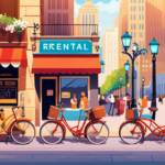 An image showcasing a bustling city street with a row of vibrant bike rental shops, each adorned with colorful signs and displaying a wide range of sleek electric bikes, inviting readers to explore the possibilities of electric bike rentals
