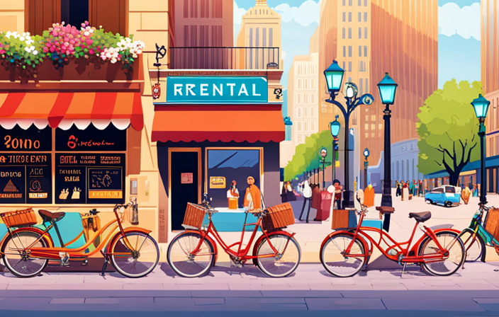 An image showcasing a bustling city street with a row of vibrant bike rental shops, each adorned with colorful signs and displaying a wide range of sleek electric bikes, inviting readers to explore the possibilities of electric bike rentals