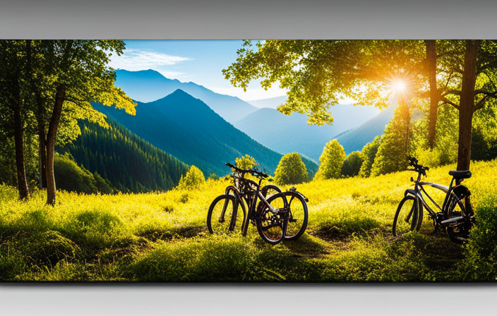 An image showcasing a breathtaking mountain landscape with a vibrant trail winding through lush forests