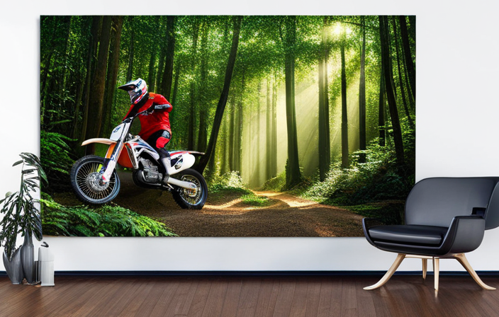 An image showcasing a scenic electric dirt bike trail winding through lush forests, with towering trees providing shade, and the trail stretching into the distance, leading to an exhilarating adventure