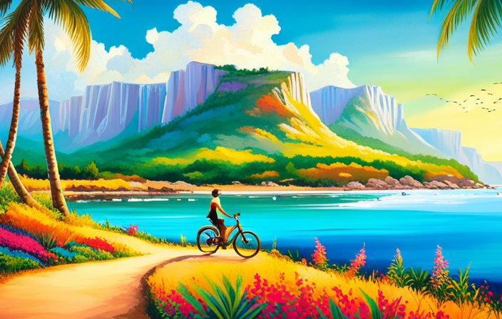 An image showcasing an electric bike gliding down a scenic coastal path, surrounded by lush greenery and towering cliffs
