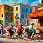 An image showcasing a vibrant local marketplace, with a diverse array of bicycles on display