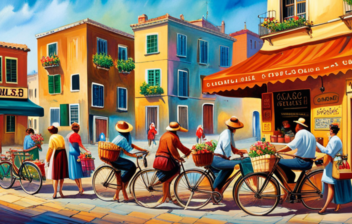 An image showcasing a vibrant local marketplace, with a diverse array of bicycles on display