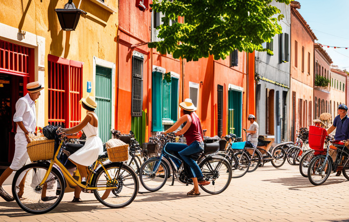 An image showcasing a vibrant local marketplace, with a diverse array of people browsing and engaging with electric bikes