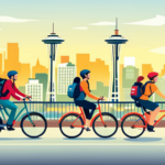 An image showcasing a vibrant Seattle street corner, adorned with a diverse array of people joyfully test riding Raleigh electric bikes, surrounded by lush greenery and iconic landmarks like the Space Needle