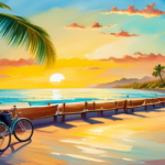 An image showcasing a picturesque beach setting with a vibrant blue ocean, palm trees swaying gently in the breeze, and a row of Wave Electric Bikes lined up invitingly on the sand
