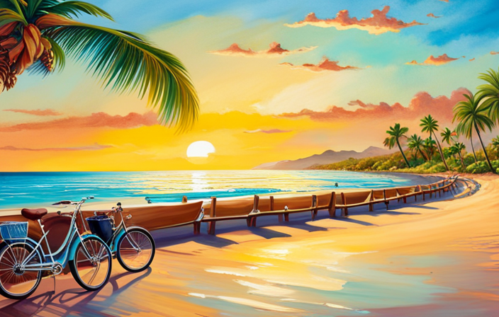 An image showcasing a picturesque beach setting with a vibrant blue ocean, palm trees swaying gently in the breeze, and a row of Wave Electric Bikes lined up invitingly on the sand