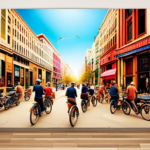 An image featuring a bustling urban street with a vibrant bike shop, adorned with colorful electric bikes lined up outside