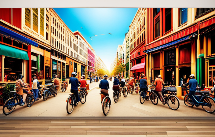 An image featuring a bustling urban street with a vibrant bike shop, adorned with colorful electric bikes lined up outside