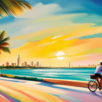 An image showcasing the vibrant coastal scenery of Florida, with an electric bike rider cruising along the iconic palm-lined boulevards of Miami Beach