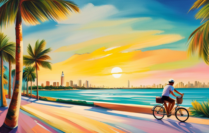 An image showcasing the vibrant coastal scenery of Florida, with an electric bike rider cruising along the iconic palm-lined boulevards of Miami Beach