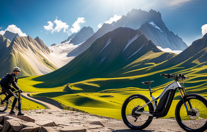 An image showcasing a rugged mountain landscape with a rider effortlessly conquering steep trails on a Haibike electric mountain bike, highlighting its power, agility, and superior performance