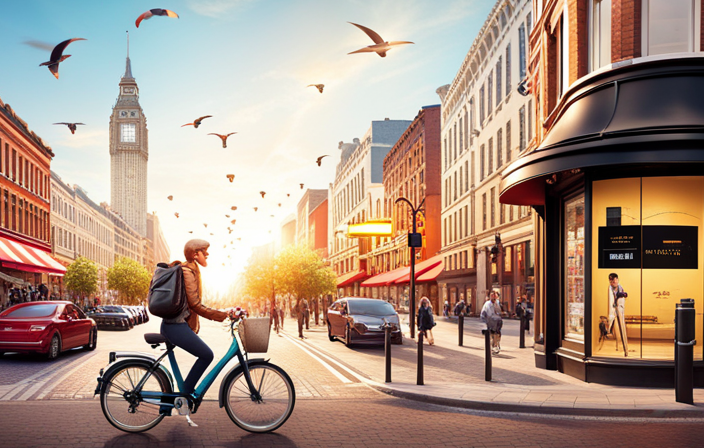 An image showcasing a vibrant, bustling city street with a cyclist effortlessly gliding past a sleek bicycle shop adorned with Rubbee Electric Bike Drive signage, enticing potential buyers