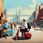 A vibrant image showcasing a diverse range of electric scooters in a bustling cityscape