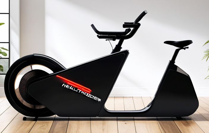 An image capturing the sleek design of the Healthrider Bike: a vibrant, modern living room with a discreet charging port seamlessly integrated into the bike's frame, elegantly concealed yet easily accessible
