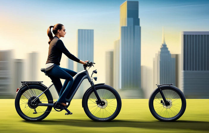 An image capturing a vibrant urban landscape, with a sleek electric bike zooming past bustling streets
