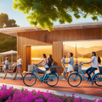 An image showcasing Silicon Valley's vibrant tech scene with a bustling street lined with sleek, futuristic electric bike shops